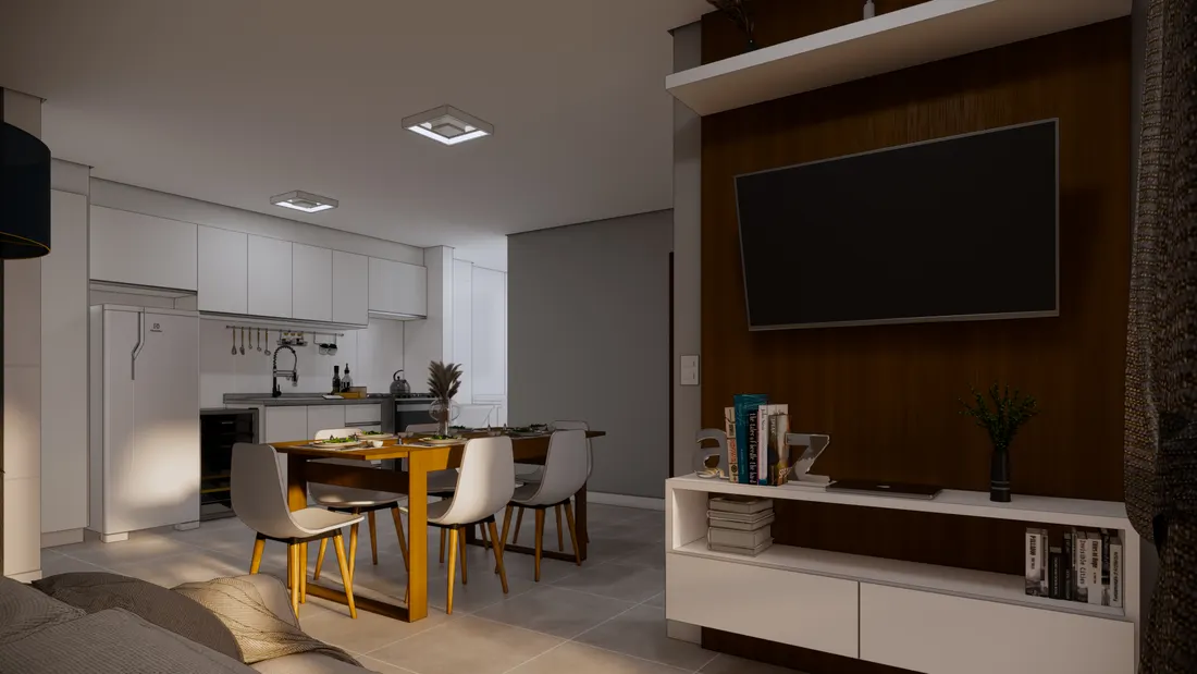 Sala integrada à cozinha do apartamento de 3 dormitórios