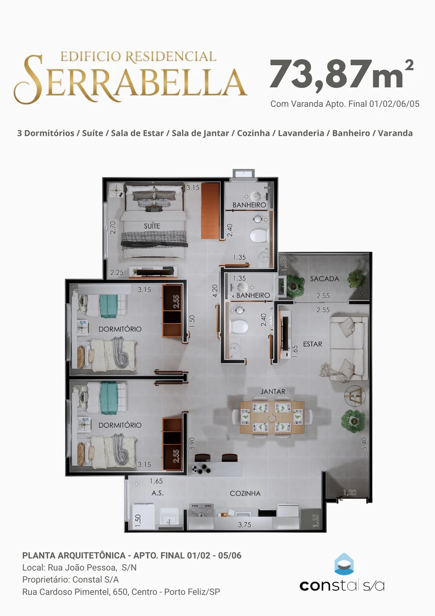 Planta arquitetônica do apartamento de 3 dormitórios com suíte, 73,87 m²