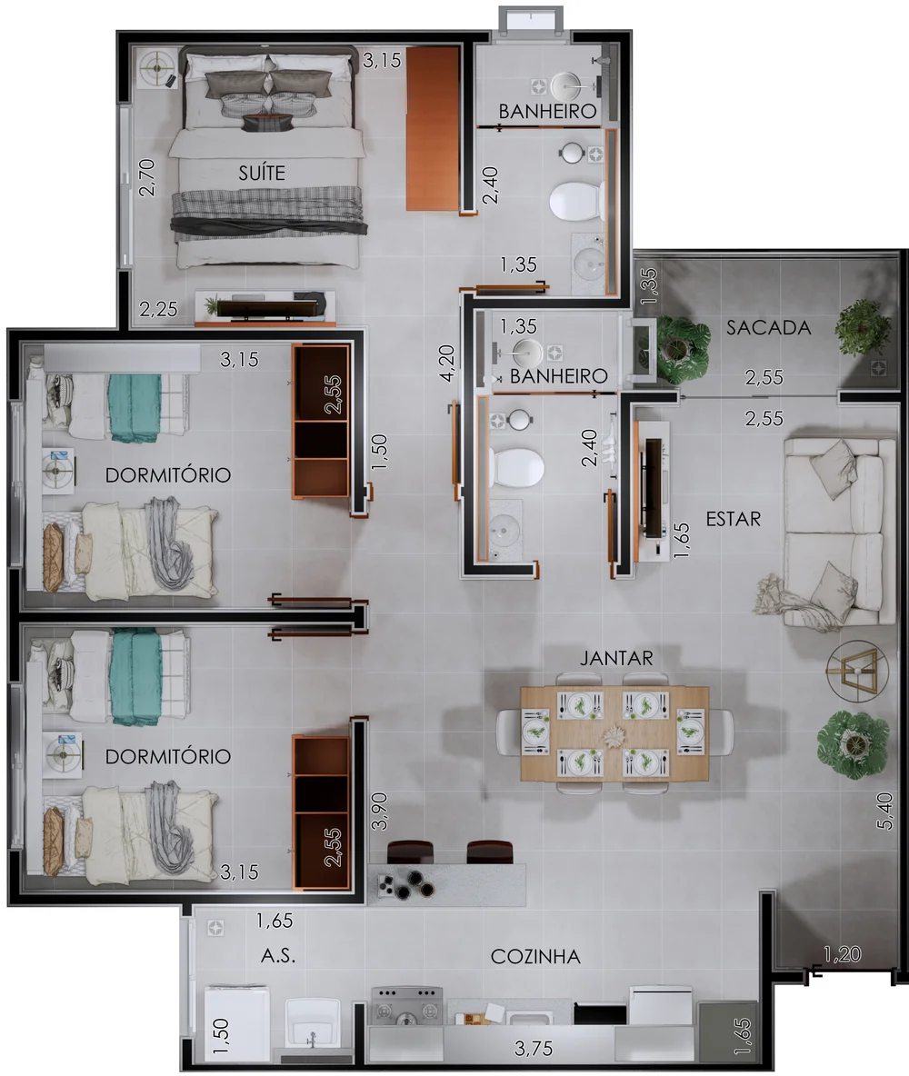 Planta humanizada do apartamento de 3 dormitórios: suíte, dois dormitórios, dois banheiros, estar e jantar integrados, sacada, cozinha e área de serviço