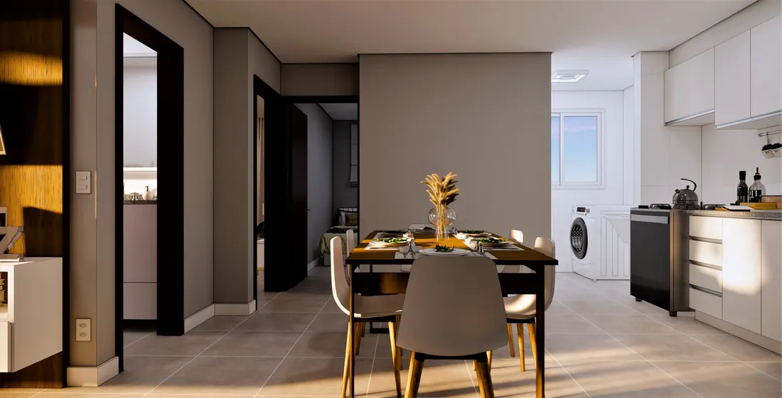 Sala integrada à cozinha do apartamento de 3 dormitórios